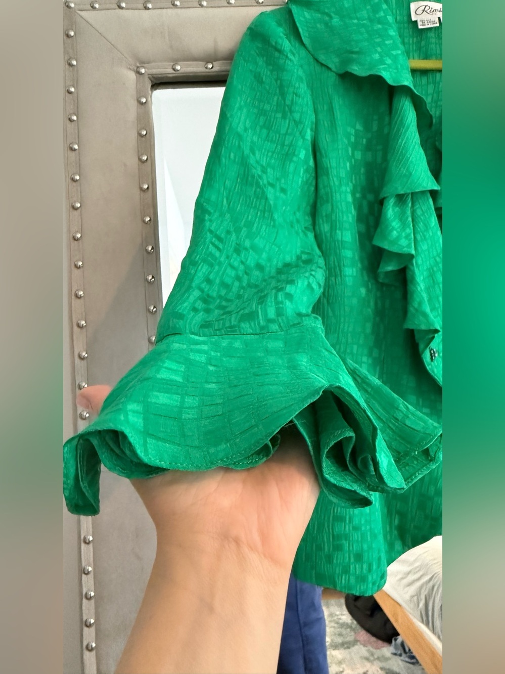 Vintage 80s Green Rimini Silk Blazer Ruffles & Rhinestone Closure - Picture 6 of 10